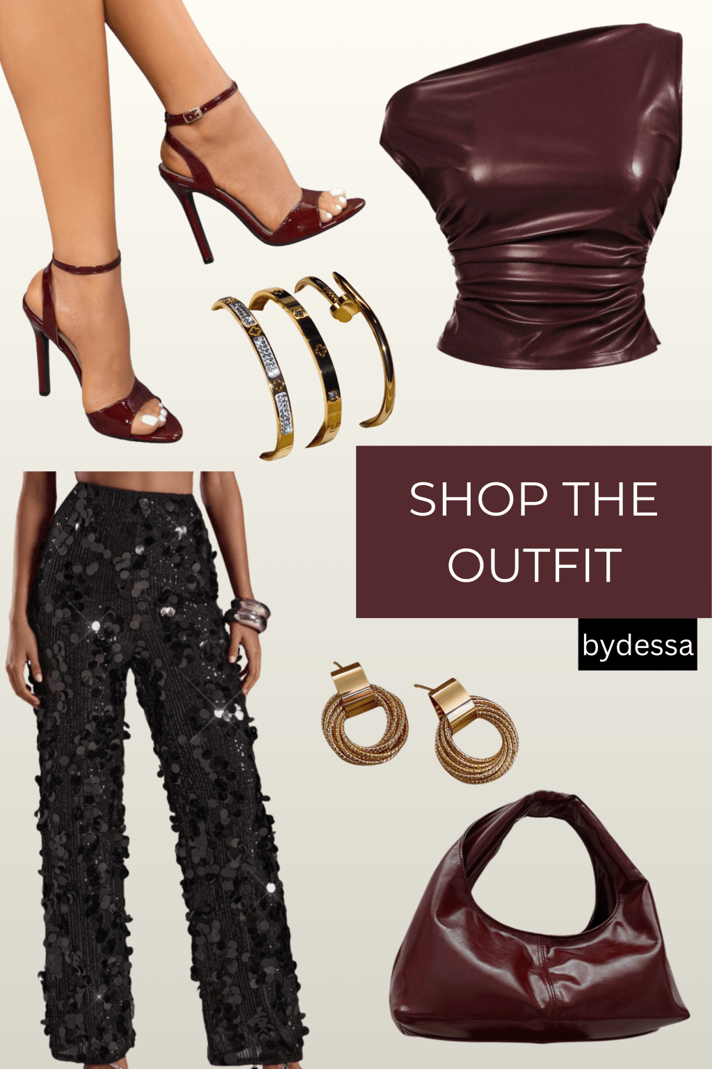 Burgundy Party Outfit | Leather Top, Sequin Pants & Gold Accessories | Holiday Night Out Look –&nbsp;bydessa!