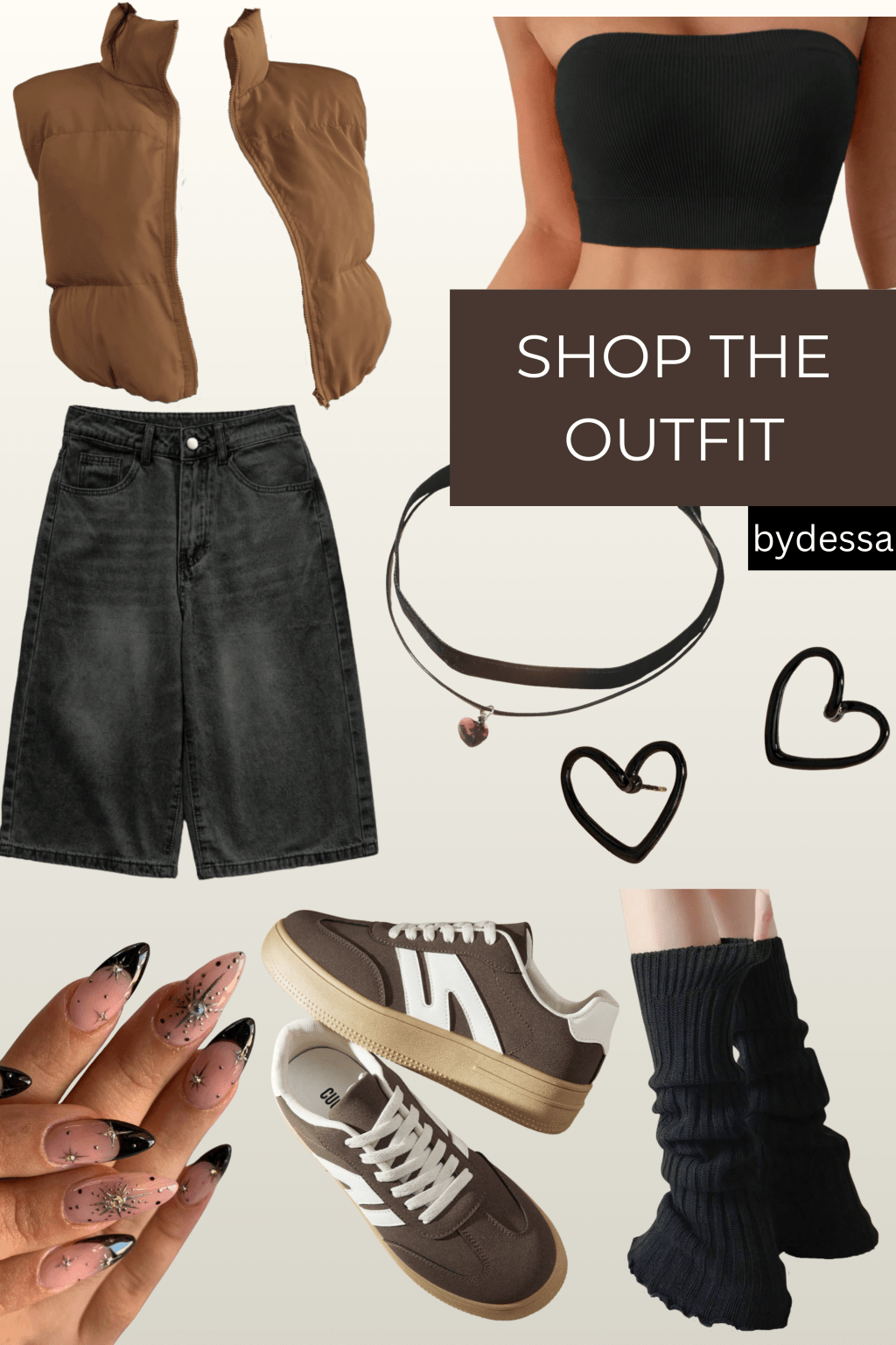 Casual Streetwear Outfit Inspo | Brown Puffer Vest, Black Bandeau Top & Denim Midi Skirt –&nbsp;bydessa